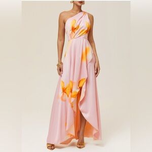 Chic One-Shoulder Pink and Orange Floral High-Low Dress